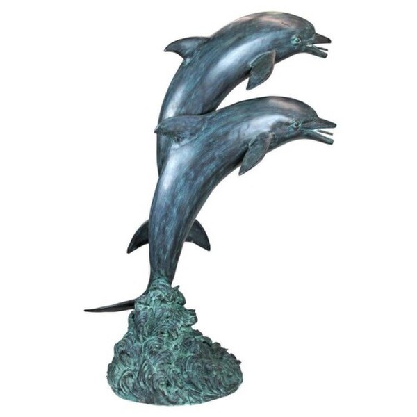 Piped Twin Dolphins in Tandem Bronze Garden Statue Leaping Spouting